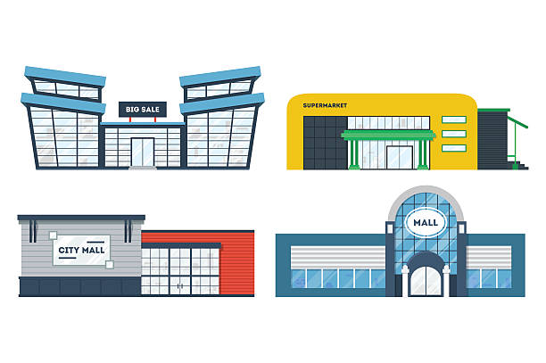 Flat supermarket buildings set Flat supermarket. Shopping mall building. Set of colorful funny cartoon store city buildings. Market shop place. Business marketing collection. Infographic elements. Isolated vector illustration. shopping mall stock illustrations