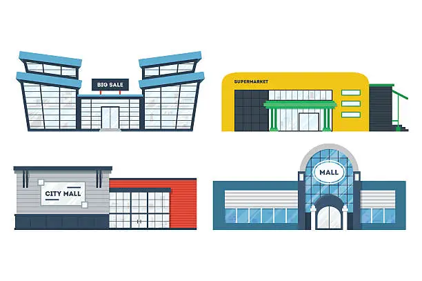 Vector illustration of Flat supermarket buildings set