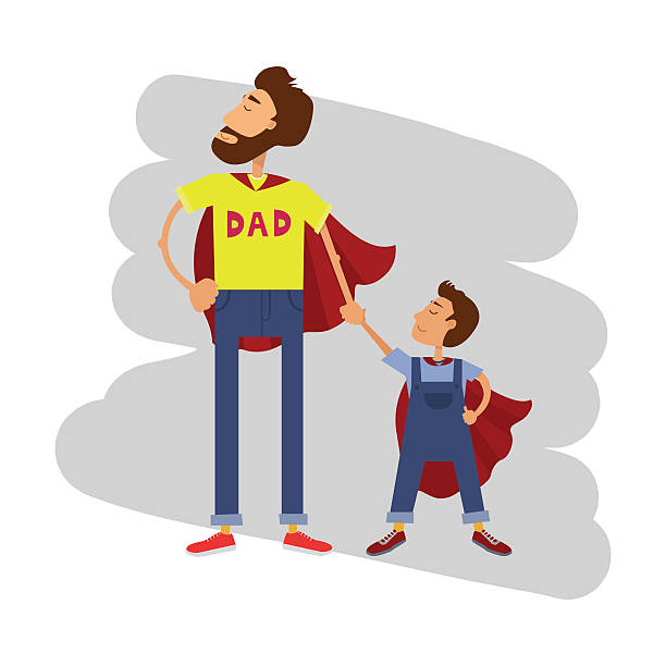 super bohater tata i syn. ojciec chłopiec rodziny zespołu. - fun red men cape stock illustrations