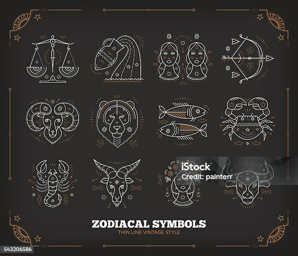 Thin Line Vector Zodiacal Symbols Isolated On Dark Stock Illustration - Download Image Now