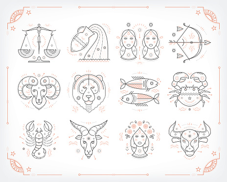 Thin line vector zodiacal symbols. Astrology, horoscope sign, graphic design elements, printing template. Vintage outline stroke style. Isolated on white.