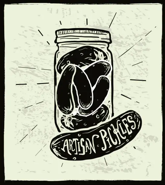 Vector illustration of Homemade artisan pickle jar with hand lettered label design