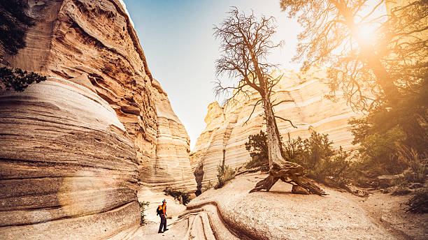 Hiking New Mexico Backpacker hiking at Kasha-Katuwe Tent Rocks National Monument in New Mexico. USA. kasha katuwe tent rocks stock pictures, royalty-free photos & images