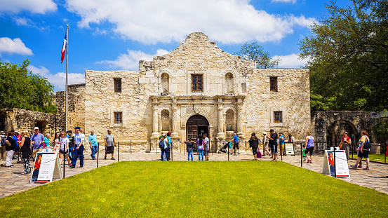 Houston, Texas, USA - June 28, 2016: Exterior view of the historic Alamo in San Antonio, Texas with tourists