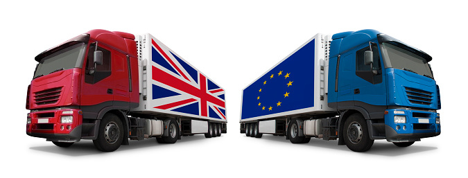 Dumpers with the flag of UK and EU respectively.