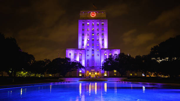 istock City Hall Building Lit Up at Night in Houston, Texas 543209722