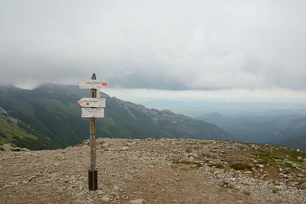 Trail direction signs on Kondracka Kopa pass in Tatra mountains nearby Zakopane in Poland