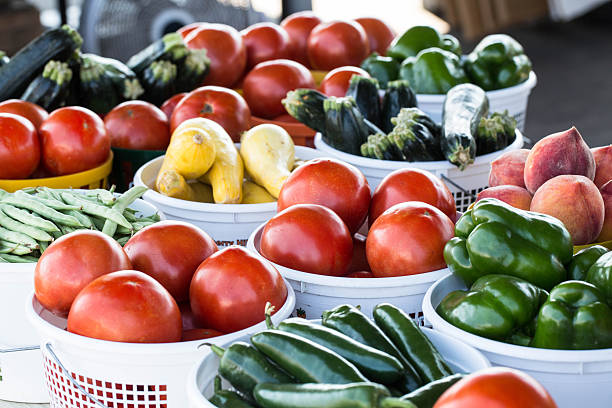 Baskets of Vegetables at Farmers Market stock photo