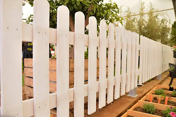 wooden white fence delimiting an orchard with variety of vegetables and plants
