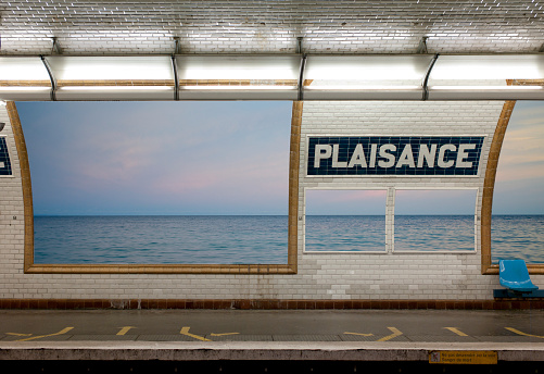 Subway station with seaside advert