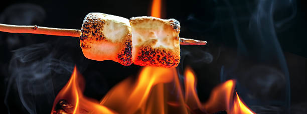 Roasting Marshmallows Over Campfire Horizontal Banner Two marshmallows roasting over fire flames. Sized to fit popular social media horizontal banner smore photos stock pictures, royalty-free photos & images