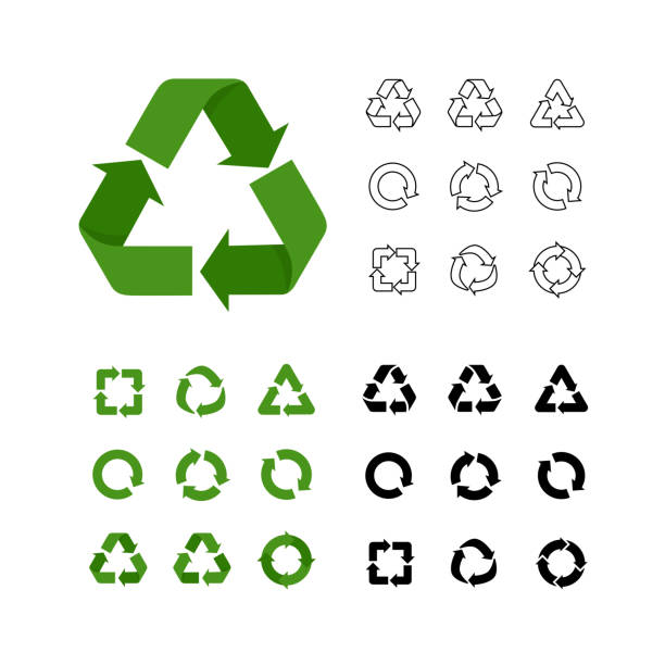 ilustraciones, imágenes clip art, dibujos animados e iconos de stock de gran colección de iconos de reutilización de reciclaje vectorial de varios estilos lineales - símbolo de reciclaje