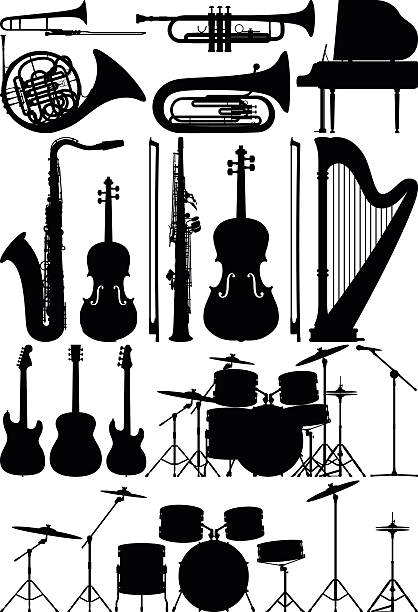 Detailed Musical Instruments Musical instrument silhouettes. microphone silhouettes stock illustrations