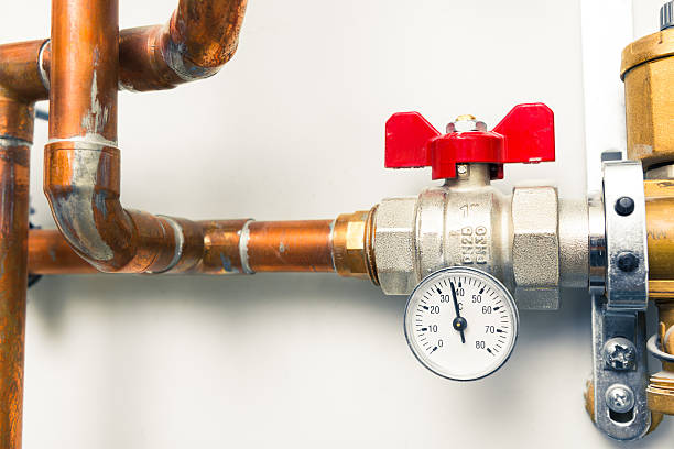 istock temperature gauge indicator with water tap in boiler-room 543322146
