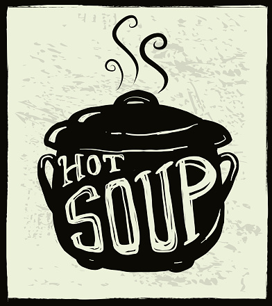 Vector illustration of a Hot Soup cauldron label hand lettering design.