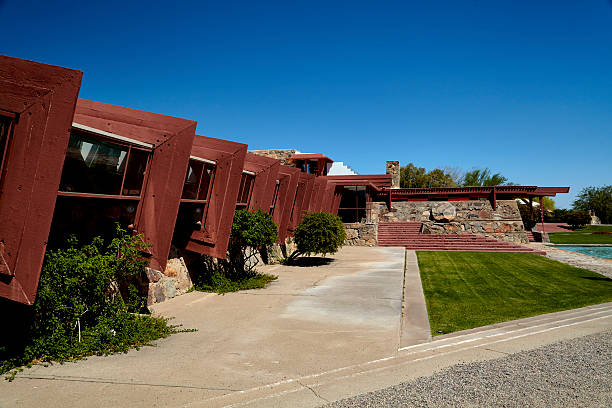 Frank Lloyd Wright Taliesan West Scottsdale, Arizona, USA - May 10, 2016: Walkway at Taliesan West, designed by architect Frank Lloyd Wright southwest usa architecture building exterior scottsdale stock pictures, royalty-free photos & images