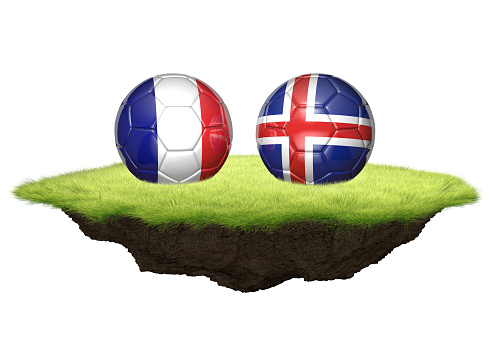 3D footballs with the national flags of France vs Iceland for a match in a championship tournament.