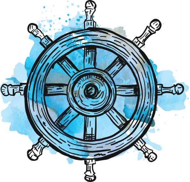 Vector illustration of Hand drawn Ship Helm wheel with watercolor background