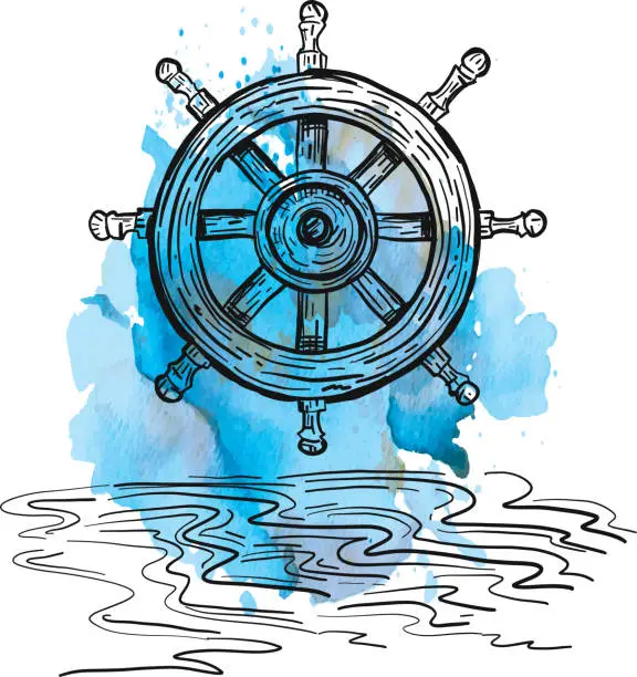 Vector illustration of Hand drawn Ship Helm wheel and waves with watercolor background