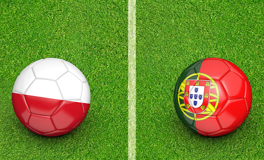 Stadium grass and two football designs for teams Poland vs Portugal competing in a championship tournament.