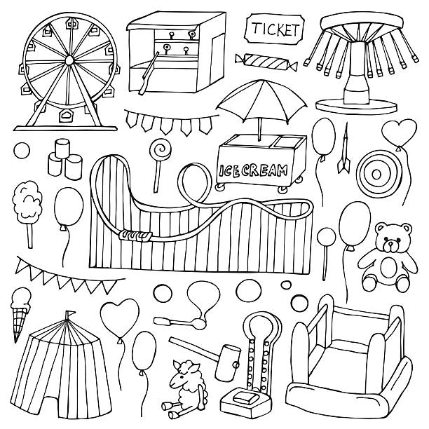 przyciąganie doodle zestaw - ferris wheel carousel rollercoaster wheel stock illustrations