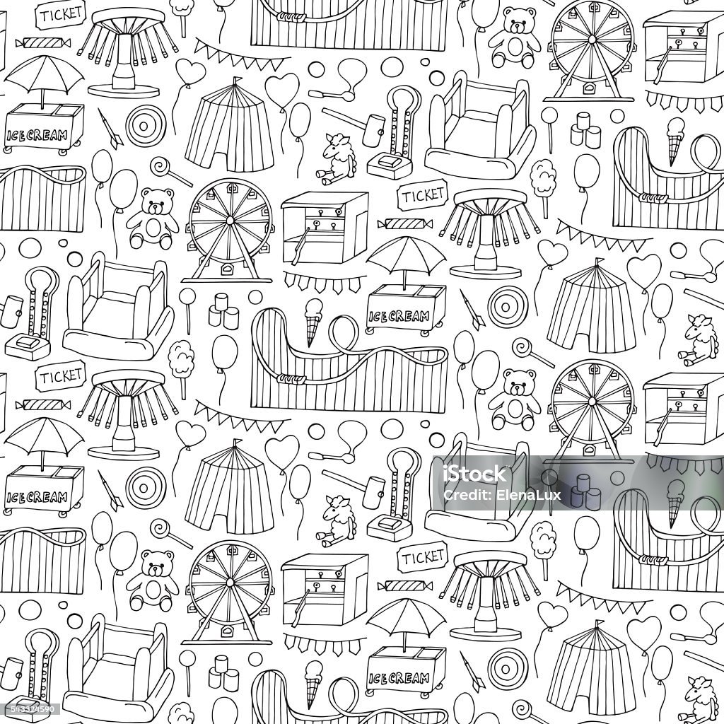 Attraction doodle sseamless pattern Seamless pattern with attraction hand drawn doodle elements and objects Traveling Carnival stock vector