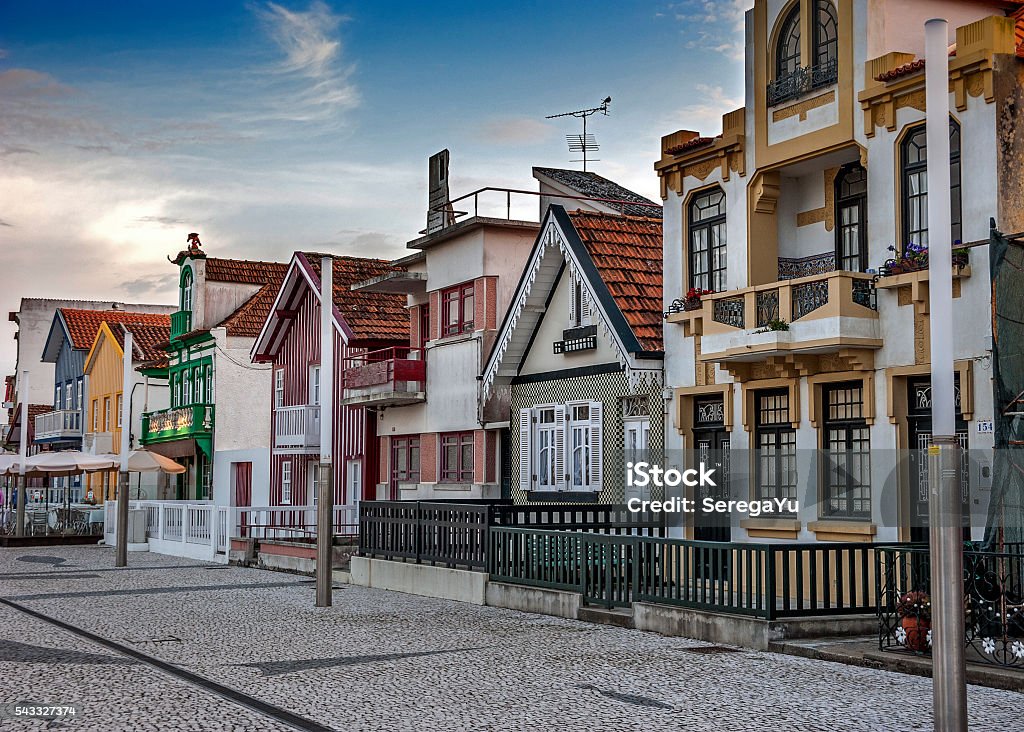 Costa Nova do Prado ( Portugal) famous home Palheiros Costa Nova do Prado ( Portugal) famous home Palheiros with their houses with colorful stripes derived from original wooden houses of fishermen, famous as home Palheiros Architecture Stock Photo