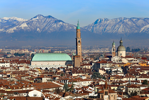 Vicenza, Italy, skyline of the city and Monte Summano in background