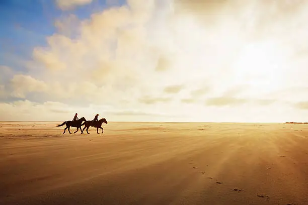 Two women ride horses across the sand on a winter's afternoon, silhouetted by golden sunlight which tints both sand and clouds. Ample copy space on clouds and sand.