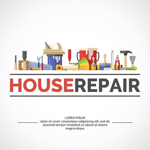 ilustrações, clipart, desenhos animados e ícones de mão colorido ferramentas - restoring repairing house built structure