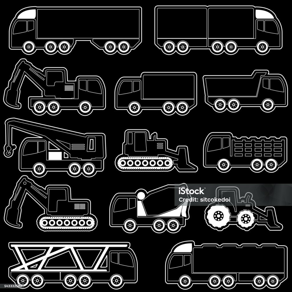 vector of shape heavy transportation vector of shape heavy transportation and construction vehicle icons sticker style. Front View stock vector