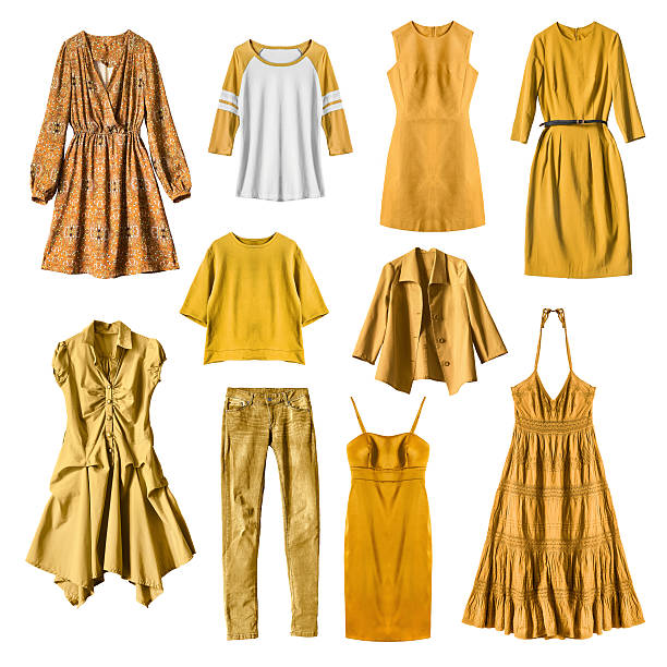 Clothes Set of yellow female clothes on white background sundress stock pictures, royalty-free photos & images