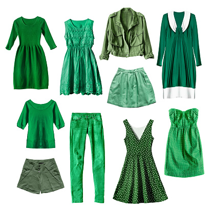 Set of green female clothes on white background