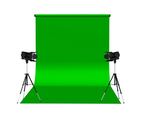 Photo / Video Studio with Green Screen and Light Equipment isolated on white