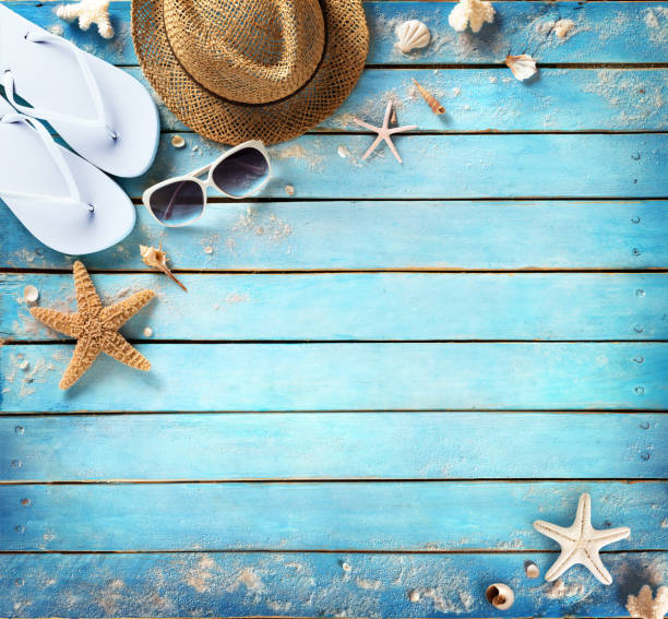 istock Beach Accessories On Vintage Blue Plank 543339478