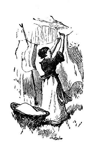 Antique children's book comic illustration: woman hanging out clothes