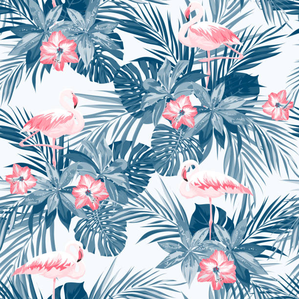 illustrazioni stock, clip art, cartoni animati e icone di tendenza di indaco estate tropicale motivo senza interruzioni con uccelli esotici fenicottero - white pink flamingo blue