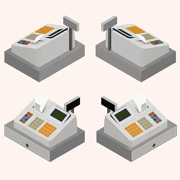 Vector illustration of Cash register. Flat isometric. The circulation of money.