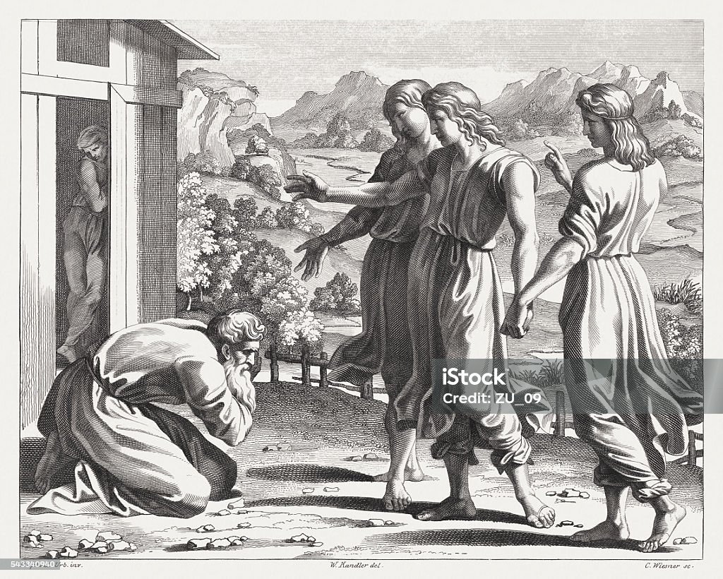 God's promise to Abraham (Genesis 18), steel engraving, published 1841 Abraham Receives the Message from God that he Shall Have a Son (Genesis 18). Steel engraving after the frescoes by Raphael (Italian painter, 1483 - 1520) in the Loggia at the Vatican (Apostolic Palace), published in 1841. Abraham - Biblical Figure stock illustration