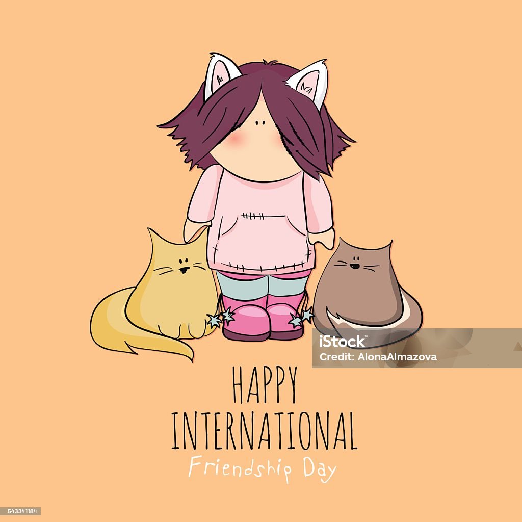 Cute Girl With Cats Doodle Illustration Friendship Day Stock ...