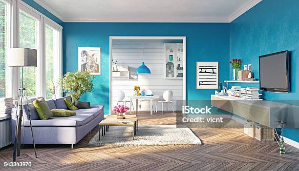 Modern Living Room Stock Photo - Download Image Now - Painting - Art Product, Blue, Domestic Room