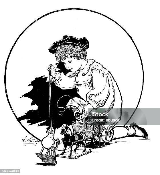 Antique Childrens Book Comic Illustration Child Playing With Toys Stock Illustration - Download Image Now