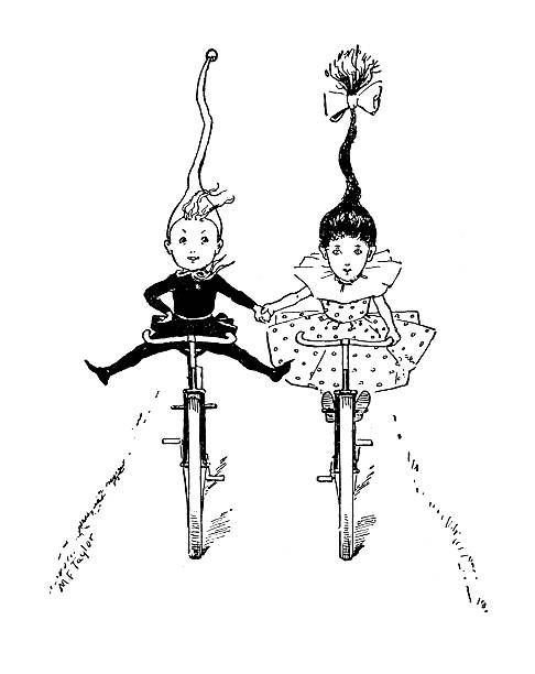 Antique children's book comic illustration: friends cycling Antique children's book comic illustration: friends cycling cycling bicycle pencil drawing cyclist stock illustrations