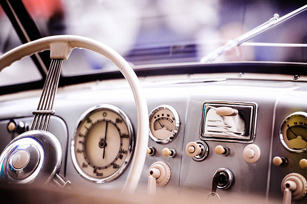 istock Close up of veteran car, dashboard, windshield, steering wheel 543347314