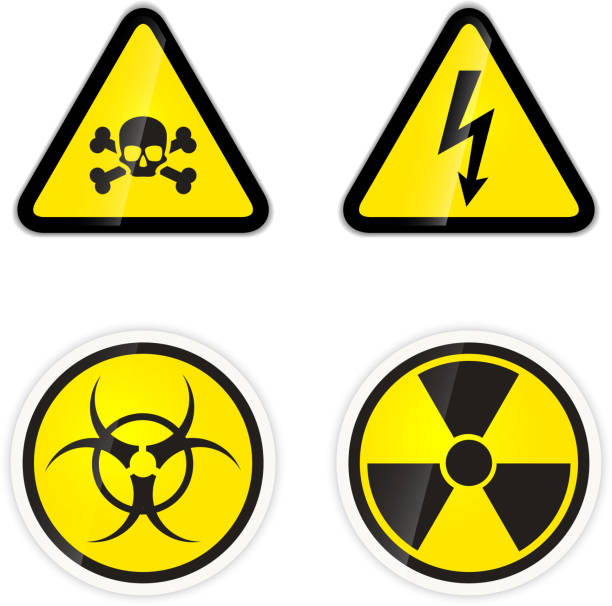 набор из четырех предупреждающих знаков на белом - biohazard symbol computer bug biology virus stock illustrations