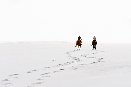 Two women, riding horses leaving hoofprints as they ride across the sand of a beach or desert on a gray, chilly, clouded winter's afternoon. High key so that the effect is almost monochrome, although shot in colour. Ample copy space on sky and sand.