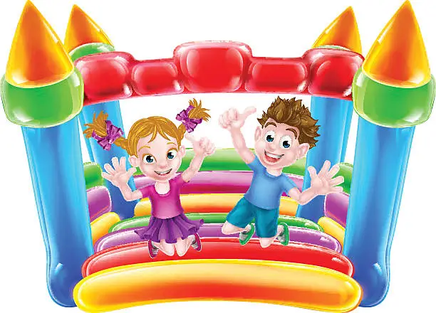 Vector illustration of Kids Jumping on Inflatable Castle