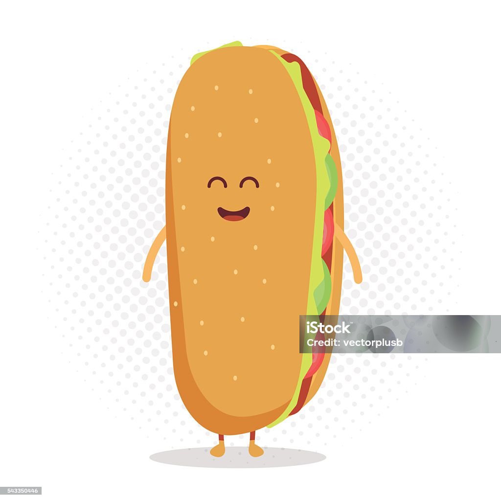 Funny cute hot dog with a smile, eyes and hands. Kids restaurant menu cardboard character. Template for your projects, websites, invitations. Funny cute hot dog drawn with a smile, eyes and hands. Humor stock vector