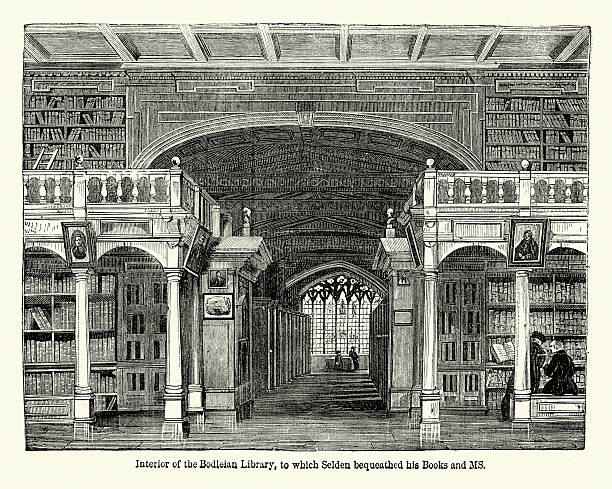 Bodleian Library Vintage engraving of the Bodleian Library,  main research library of the University of Oxford, is one of the oldest libraries in Europe. bodleian library stock illustrations