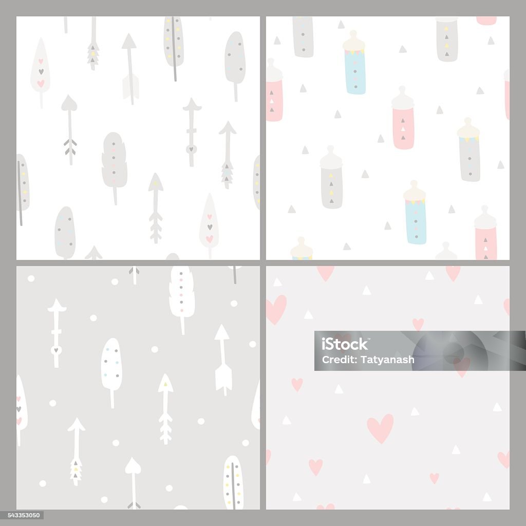 Baby shower seamless backgrounds Baby shower seamless backgrounds. Pastel colors. Kids pattern with feathers, arrows, hearts and nipples, boho style Baby - Human Age stock vector